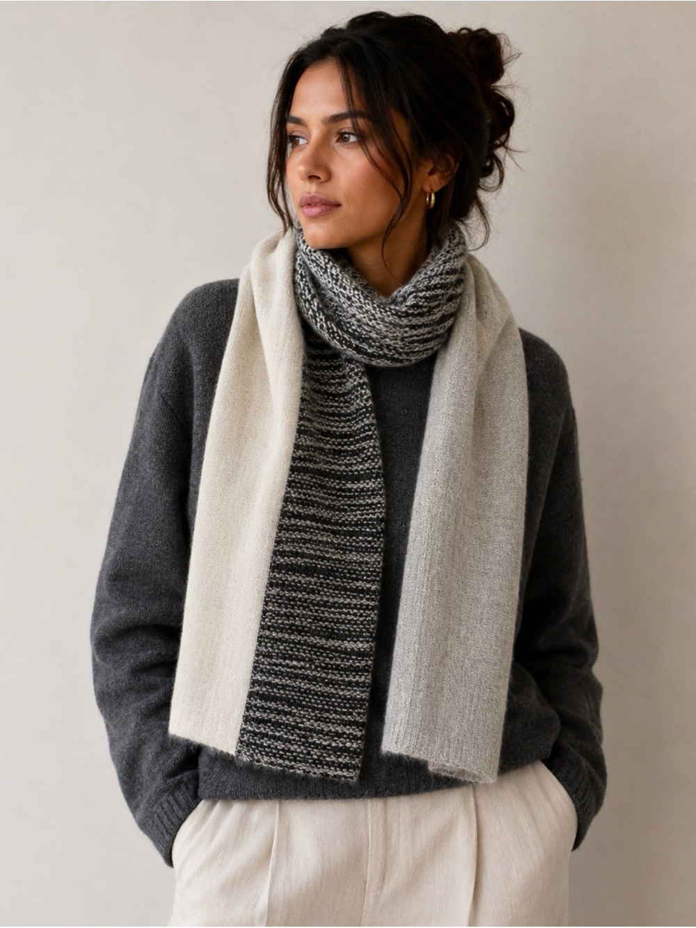 Cashmere Cozy Knit Scarf - Cream & Charcoal